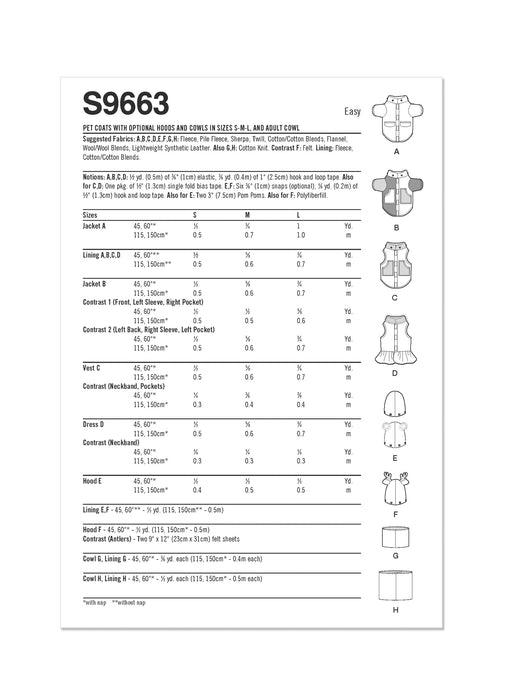 S9663 Pet Coats with Optional Hoods and Cowls in Sizes S-M-L and Adult Cowl