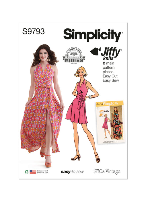S9793 Simplicity Sewing Pattern 1970s Misses' Knit Front-Wrap Halter-Dress in Two Lengths