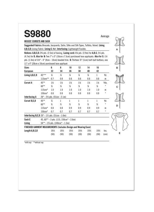 S9880 Misses' Corsets and Sash. Size 32-42