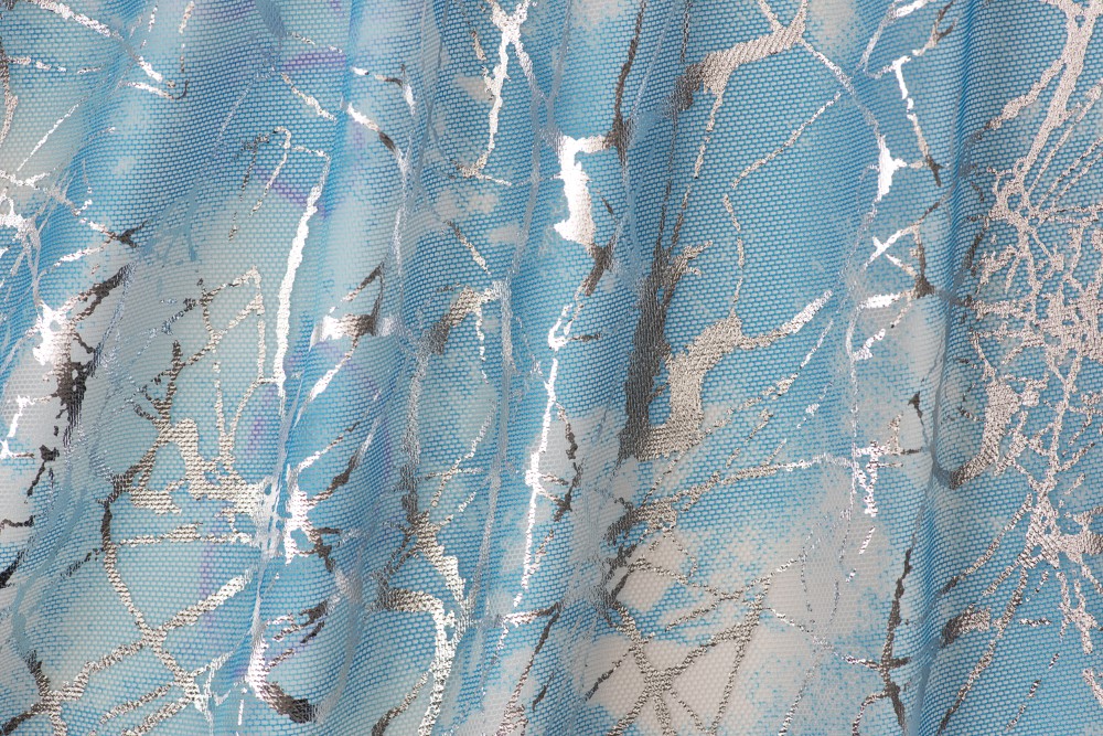 Printed & foiled mesh - SILVER ON LIGHT BLUE