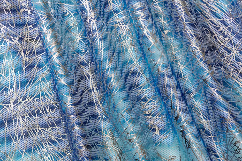 Printed & foiled mesh - SILVER ON BLUE