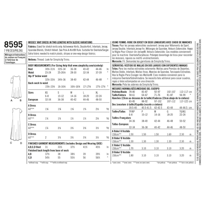8595 Misses' Knit Dresses. Size: XS-XL (32-50)
