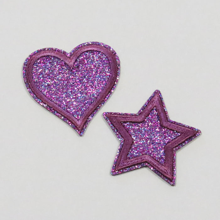HEART & STAR PURPLE GLITTER - Iron-on Patches