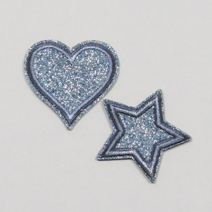 HEART & STAR BLUE GLITTER - Iron-on Patches