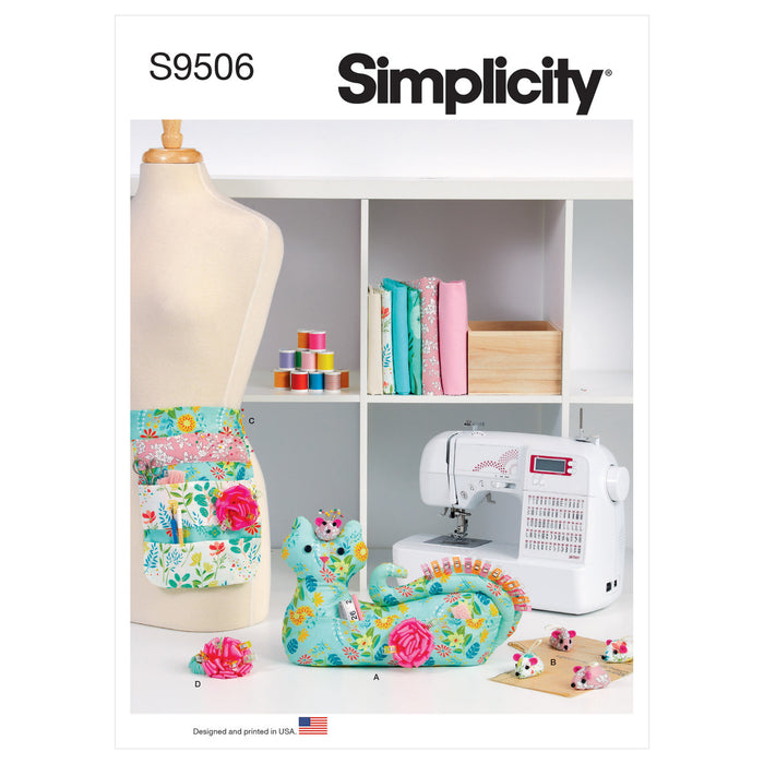 S9506 Cat Organizer with Mouse Pincushion, Mouse Sewing Weights, Apron, Sewing Clip Wristlet