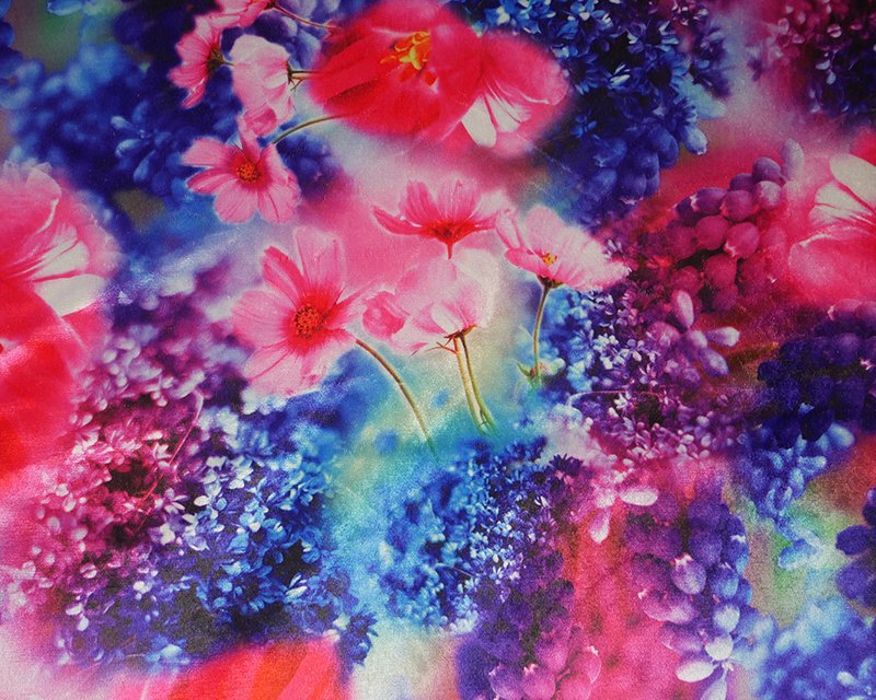 Printed Stretch Floral Velour - CERISE/BLU