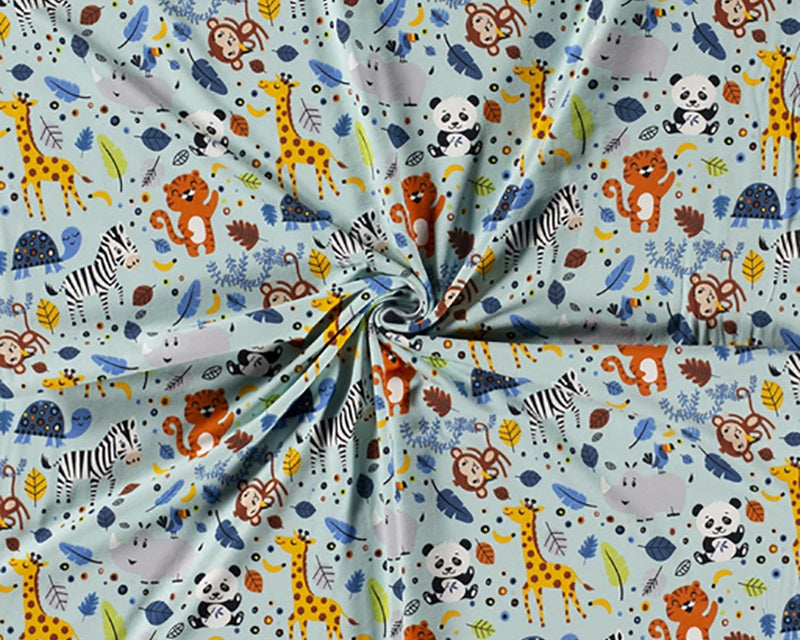 Leafy Animals Cotton Jersey-Baby Blue