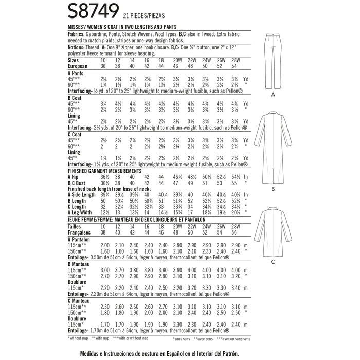 S8749 Misses'/Women's Mimi G Style Coat and Pants. Size: 36-54