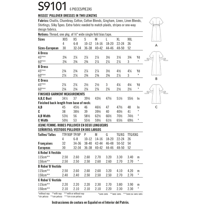 S9101 Misses' Pullover Dresses In Two Lengths. Size: XXS-XXL (30-52)