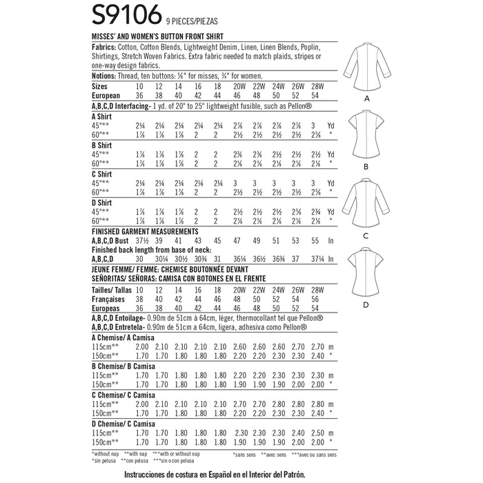 S9106 Misses' & Women's Button Front Shirt. Size: 36-54