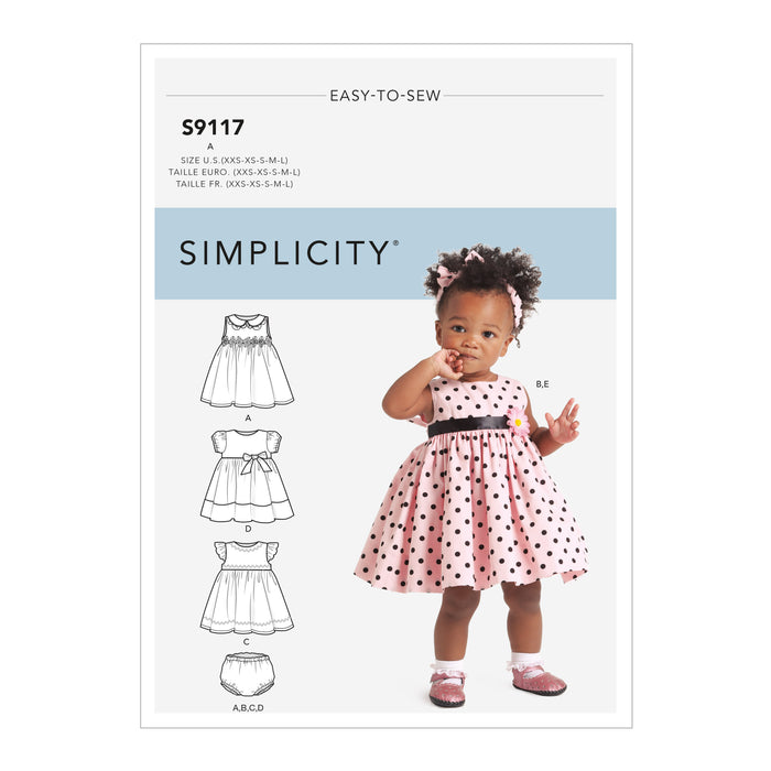 S9117 Babies' Dresses, Panties & Headband. Size: XXS-L (0-18 m)