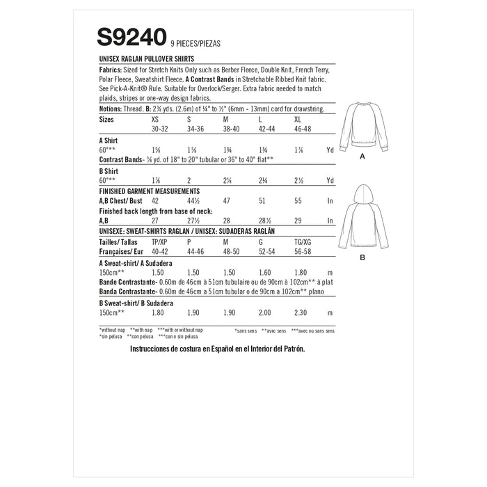 S9240 Unisex Raglan Pullover Shirts. Size: XS-XL (30-48)