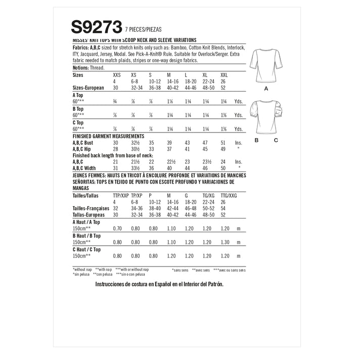 S9273 Misses' Knit Tops With Scoop Neck & Sleeve Variations. XXS-XXL (30-52)
