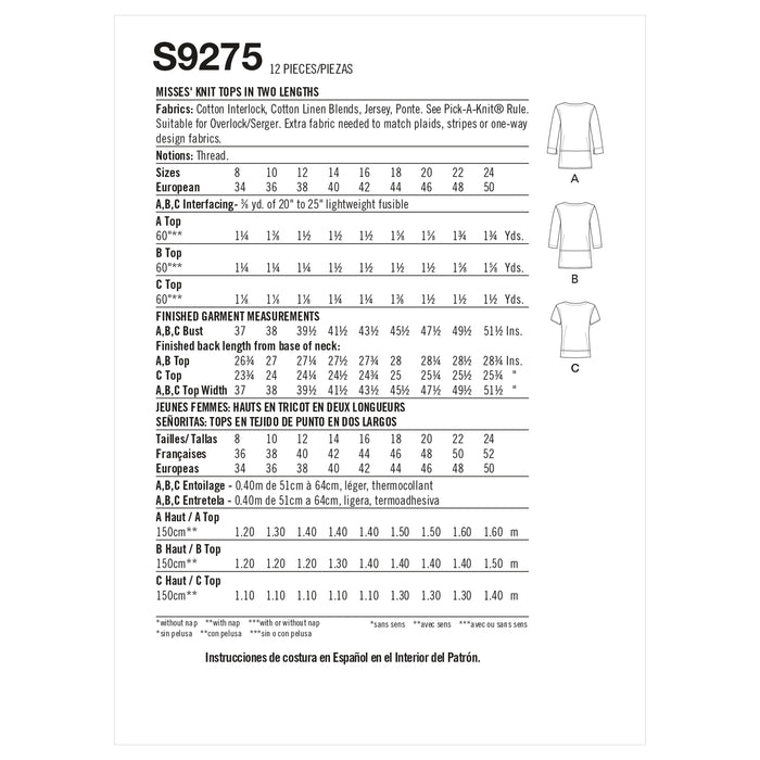 S9275 Misses' Knit Tops In Two Lengths. Size: 34-50