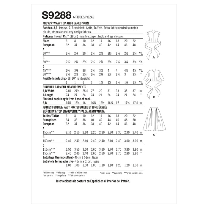 S9288 Misses' Wrap Top & Flared Skirt. Size: 32-48