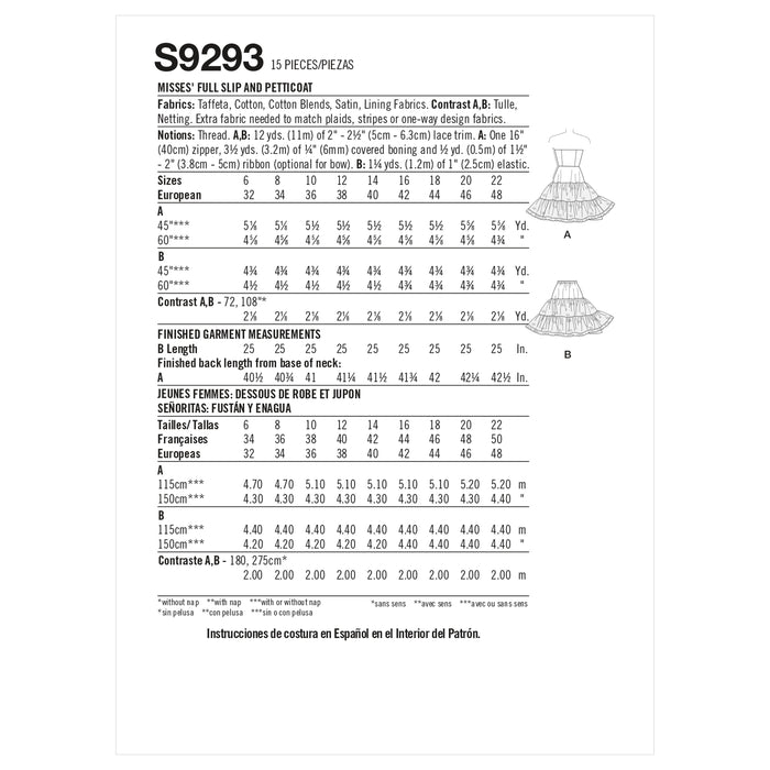 S9293 Misses' Full Slip & Petticoat. Size: 32-48