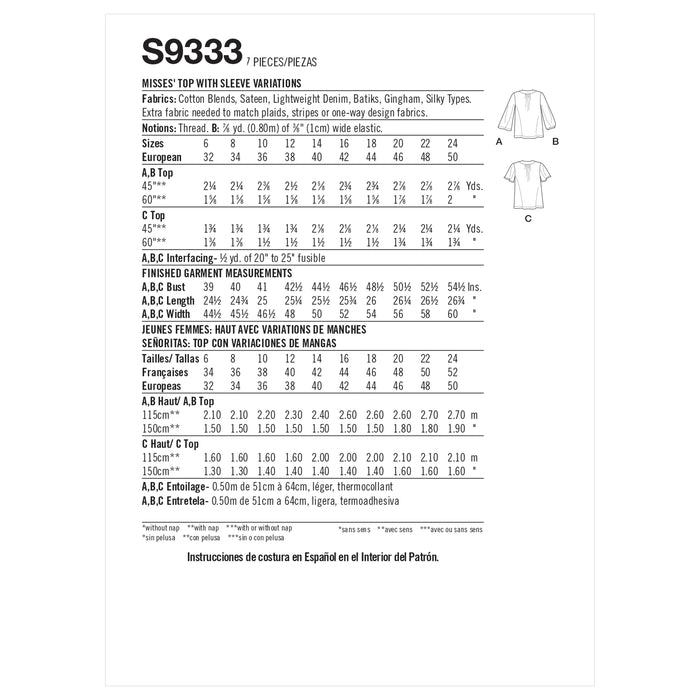 S9333 Misses' Top with Sleeve Variations. Size: 32-50