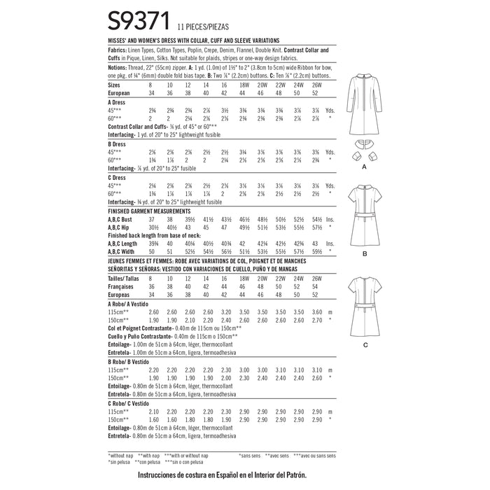 S9371 Misses' and Women's Dress with Collar, Cuff and Sleeve Variations. Size: 34-52
