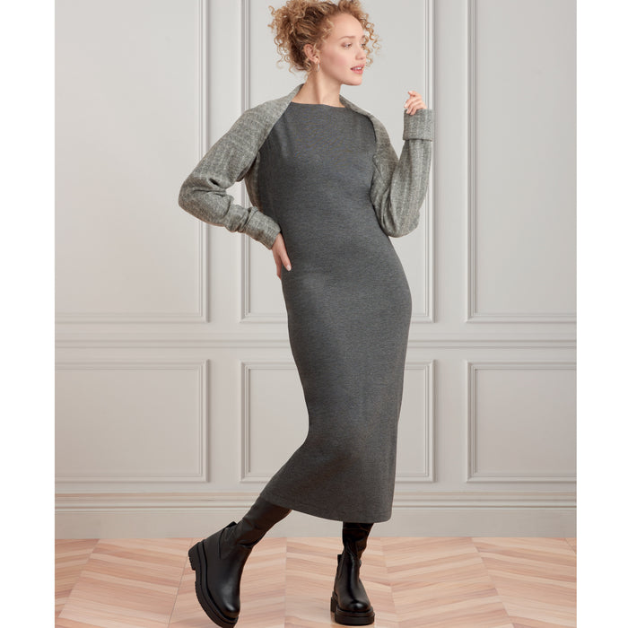 S9372 Misses' Knit Dress and Shrugs. Size: XXS-XXL (30-52)