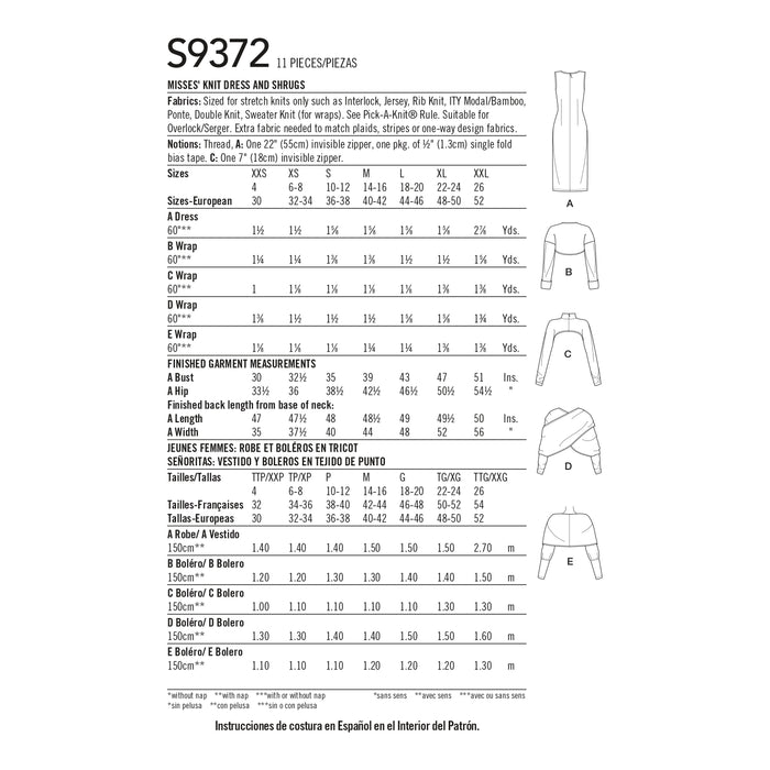 S9372 Misses' Knit Dress and Shrugs. Size: XXS-XXL (30-52)