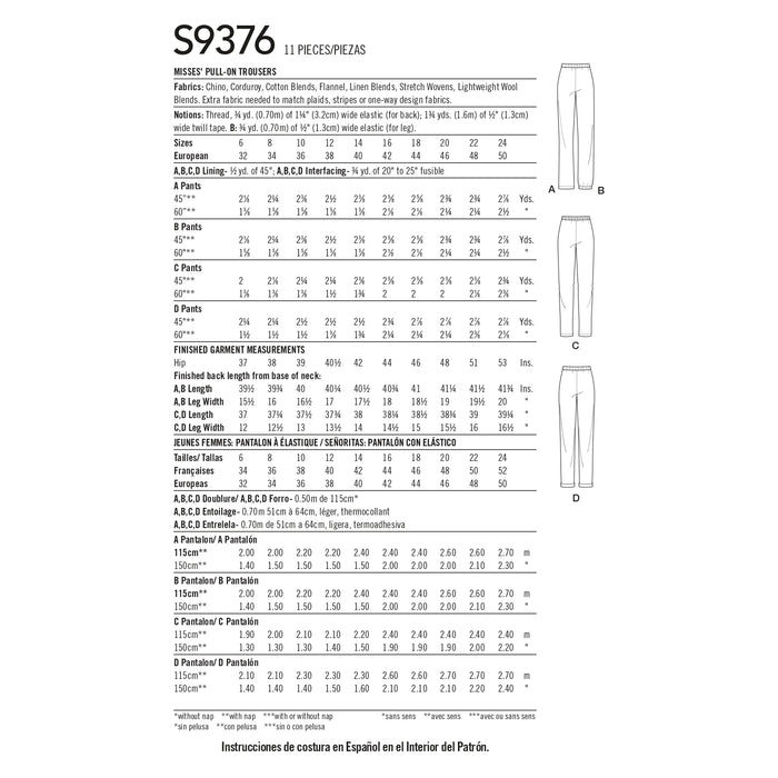 S9376 Misses' Pull-on Trousers. Size: 32-50