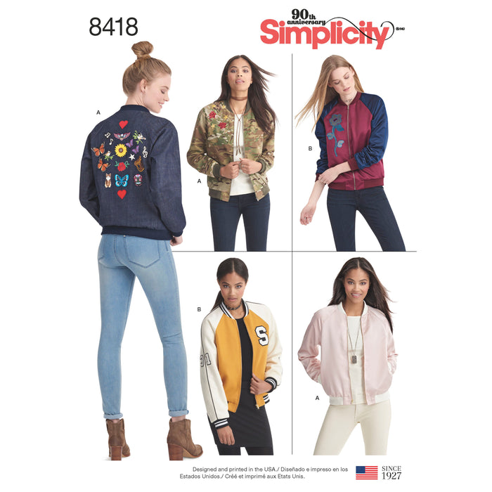 8418 Misses' Lined Bomber Jacket with Fabric and Trim Variations. Size: 30-48