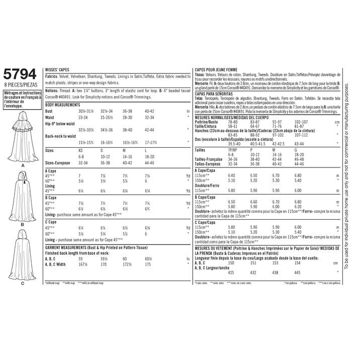 5794 Misses' Capes. Size: XS-L
