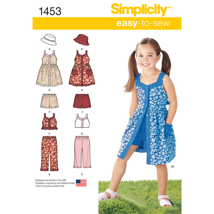 1453 Child's Dress, Top, Pants or Shorts and Hat. Size: 3-8 y