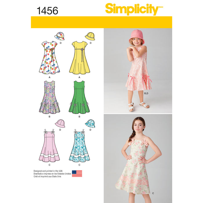 1456 Child's and Girls' Dress with Bodice Variations and Hat. Size: 3-14 y