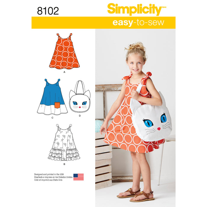 8102 Child's Easy-to-Sew Sundress and Kitty Tote. Size: 3-8 y