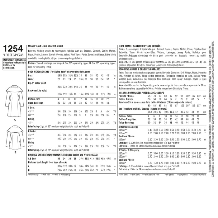 1254 Misses' Leanne Marshall Easy Lined Coat or Jacket. Size: 30-48