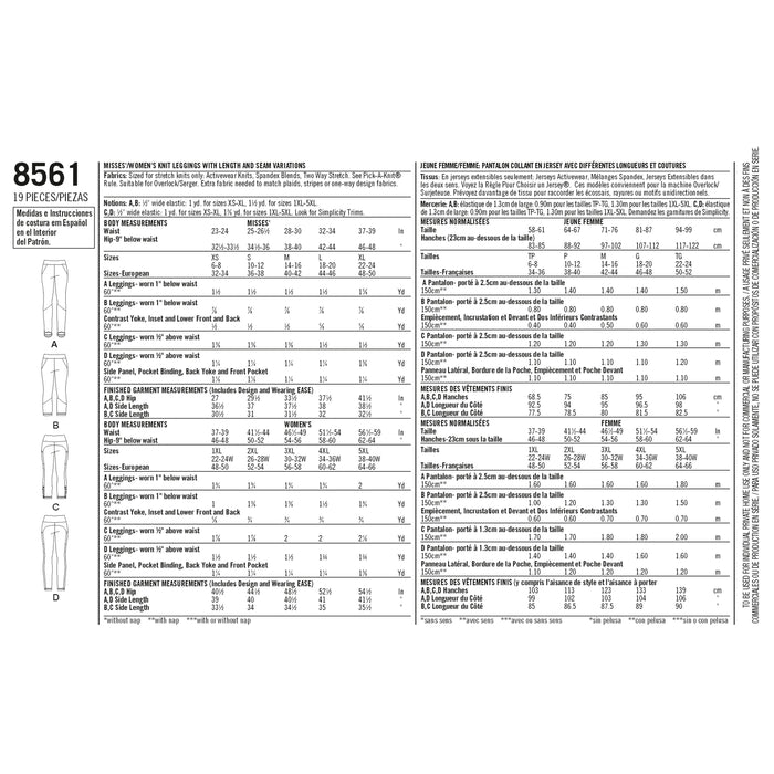 8561 Misses' and Women's Leggings. Size: XS-XXXXXL (32-66)