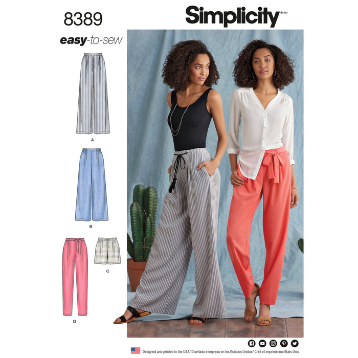 8389 Misses' Pants with Length and Width Variations and Tie Belt. Size: 32-48