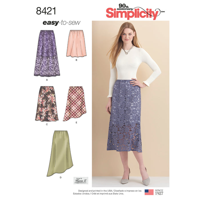 8421 Misses' Skirts in Three Lengths with Hem Variations. Size: 32-50