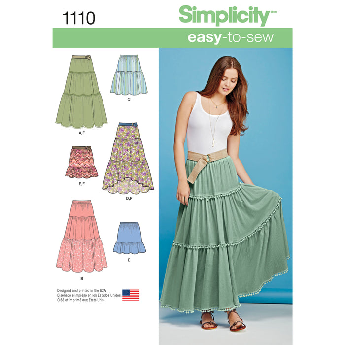 1110 Misses' Tiered Skirt with Length Variations. Size: XXS-XXL (30-52)