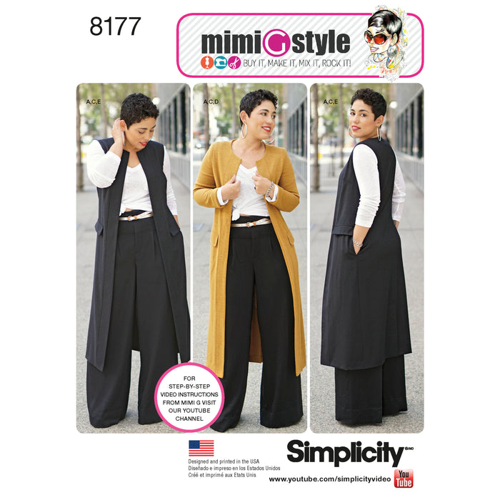 8177 Mimi G Style Pants, Coat or Vest, and Knit Top for Miss and Plus Sizes. Size: 36-54