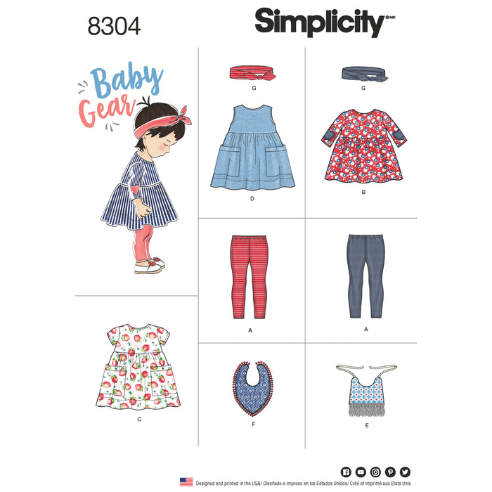 8304 Babies' Leggings, Top, Dress, Bibs and Headband. Size: XXS-L (0-18 m)