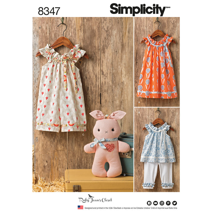 8347 Toddlers' Dress, Top, Knit Capris, and Stuffed Bunny. Size: 6 m-4 y