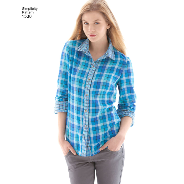 1538 Misses' Button Front Shirt. Size: 32-48