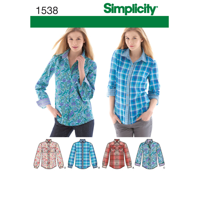 1538 Misses' Button Front Shirt. Size: 32-48