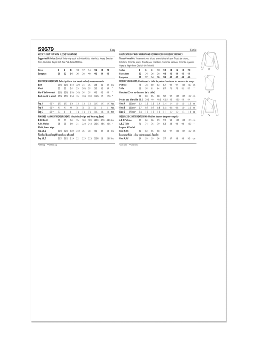 S9679 Misses' Knit Top with Sleeve Variations
