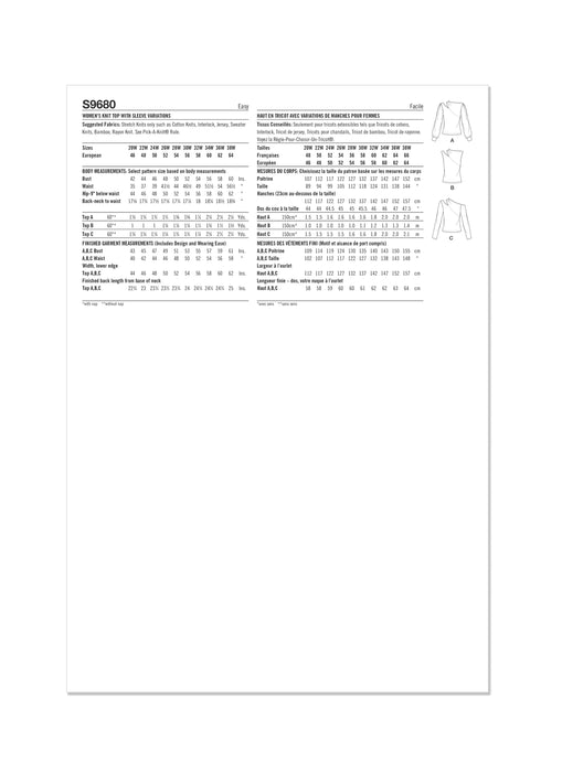 S9680 Women's Knit Top with Sleeve Variations