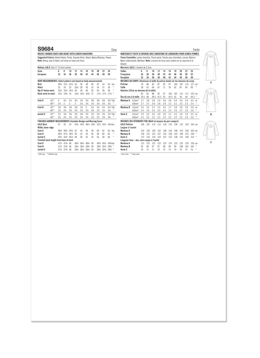 S9684 Misses' Hooded Coats and Jacket with Length Variations