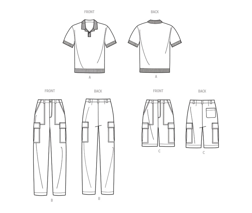 S9718 Men's Knit Top, Cargo Pants and Shorts