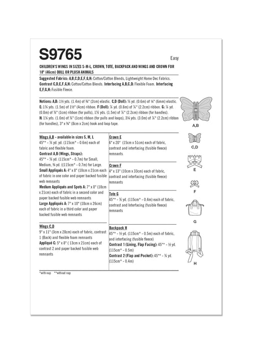 S9765 Children's Wings in Sizes S-M-L, Crown, Tote, Backpack and Wings and Crown for Doll or Plush Animals by Laura Ashley