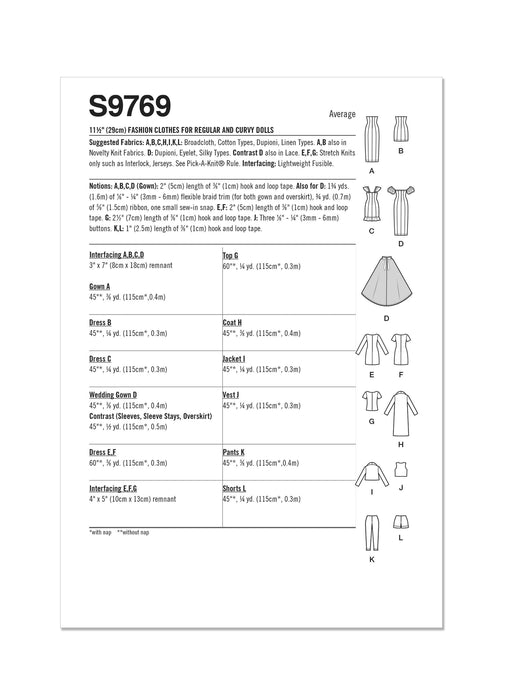 S9769 11 1/2" Fashion Clothes for Regular and Curvy Size Dolls by Andrea Schewe Designs