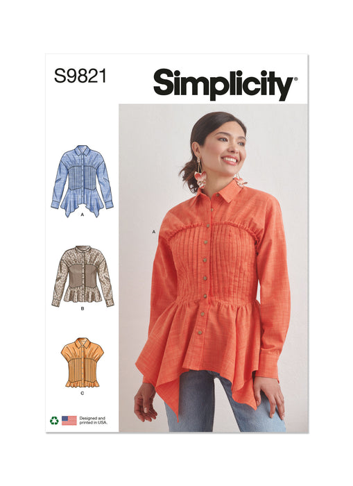 S9821 Misses' Blouse with Collar, Sleeve and Hemline Variations