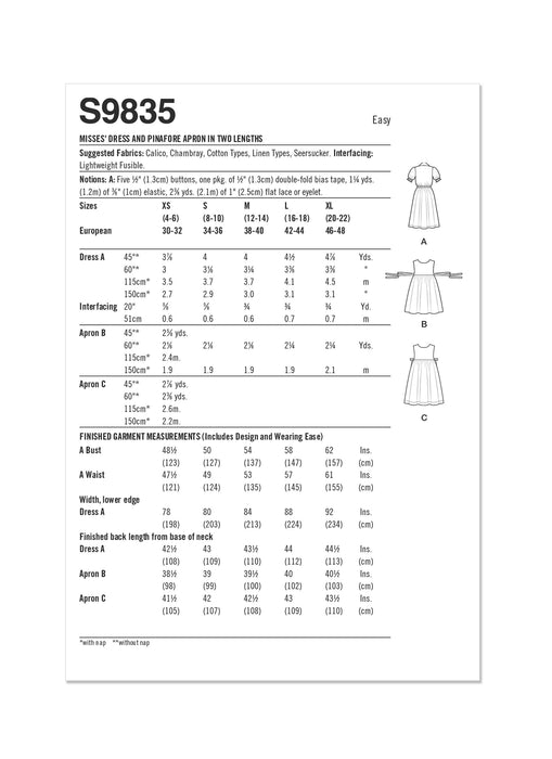 S9835 Misses' Dress and Pinafore Apron In Two Lengths by Elaine Heigl Designs