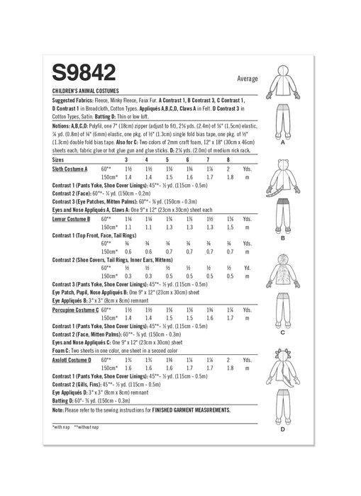 S9842 Children's Animal Costumes by Andrea Schewe Designs