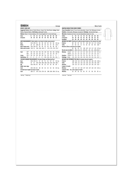 S9854 Misses' Lined Coat for American Sewing Guild